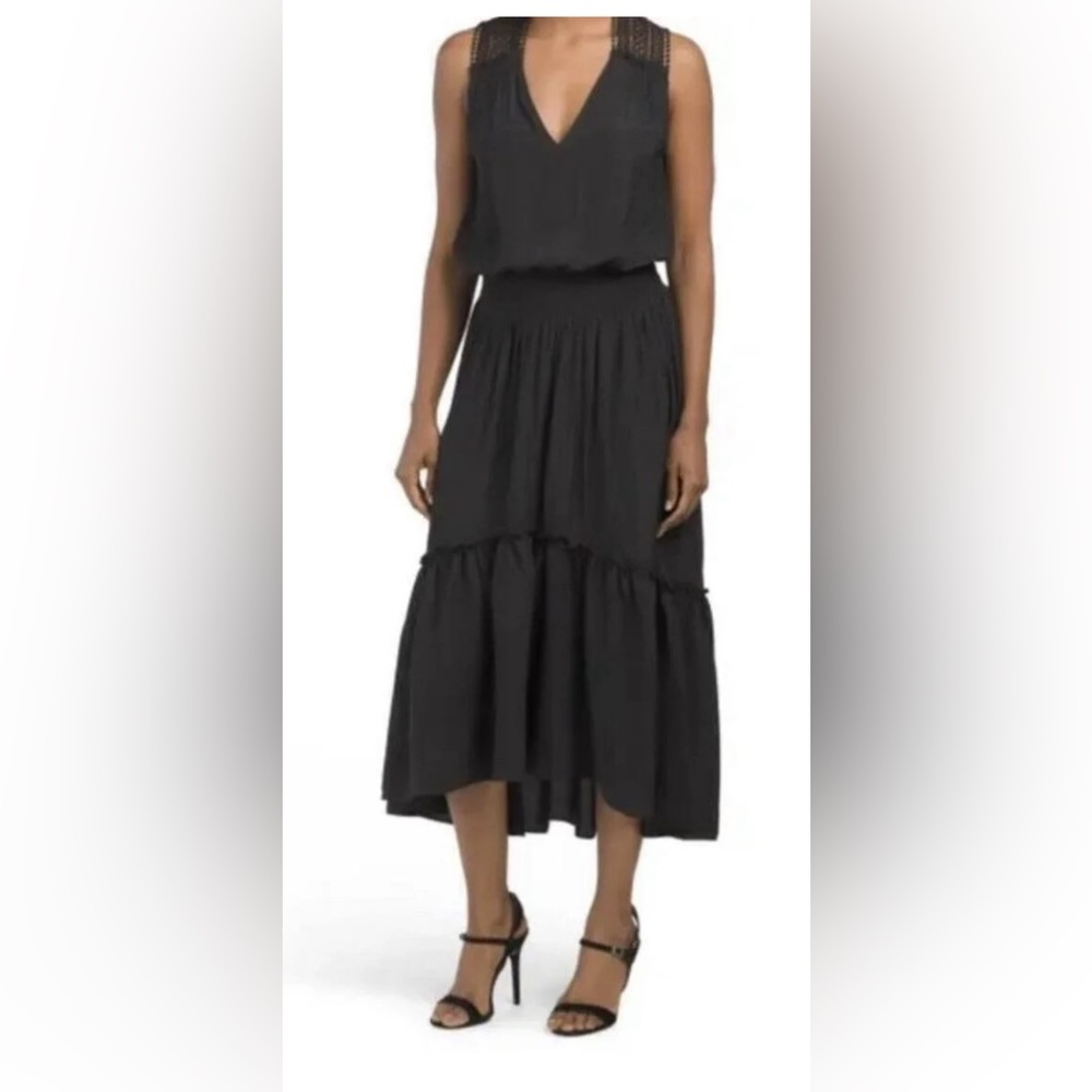 NEW Ramy Brook Samantha Black Hi-Lo Hem Smocked Dress size small Crochet straps